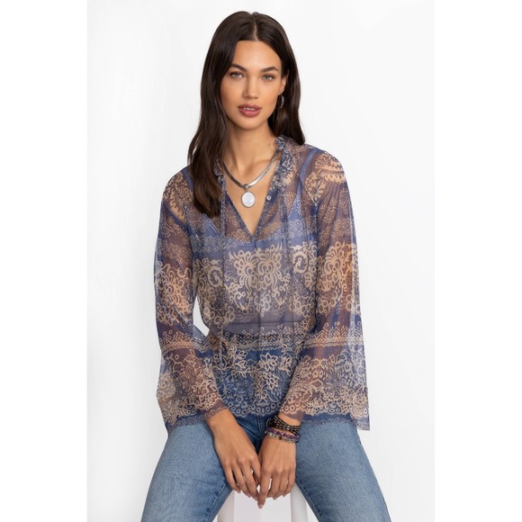 Johnny Was Tops - NWT Johnny Was Biya Mazzy Peasant Blouse Size 3X Francis Blue Mesh Embroidered